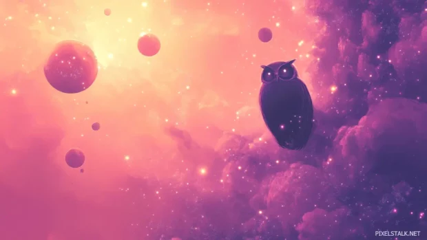 Owl fantasy background with celestial orbs, glowing stars, and an ethereal color palette.