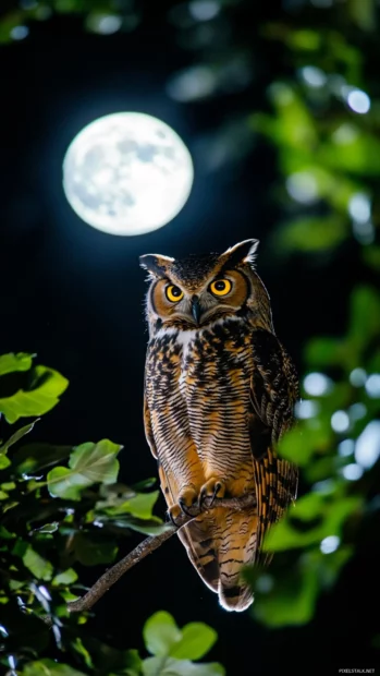 Owl iPhone wallpaper showing a vertical shot of an owl perched on a high branch under a full moon.