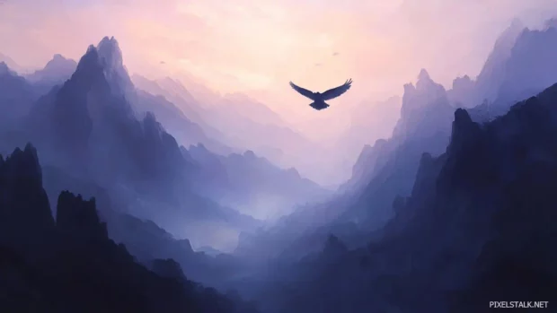 Owl painting style background featuring a long eared owl flying through dreamlike mountain peaks.