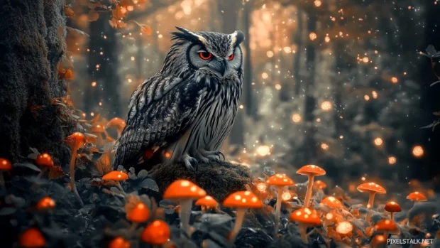 Owl sitting among glowing mushrooms in a fantasy forest.