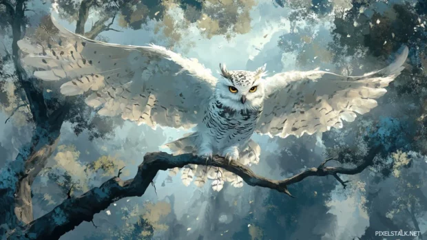 Owl surreal art wallpaper with abstract wings blending into tree branches and mist.