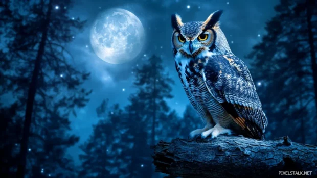 Owl wallpaper featuring a great horned owl perched on a branch under moonlight in a pine forest.
