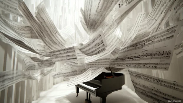 Pages of sheet music flowing from piano top.
