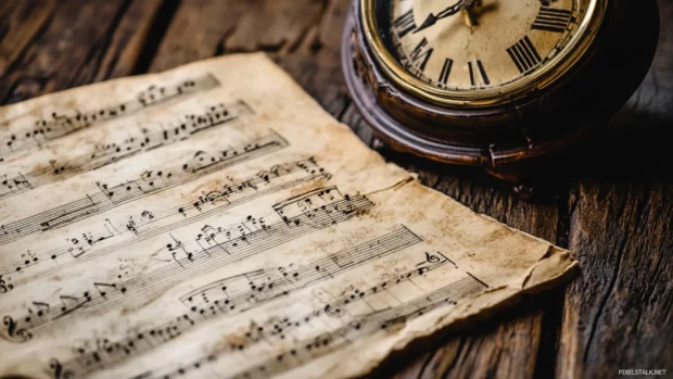 Pages of sheet music lying next to antique clock.