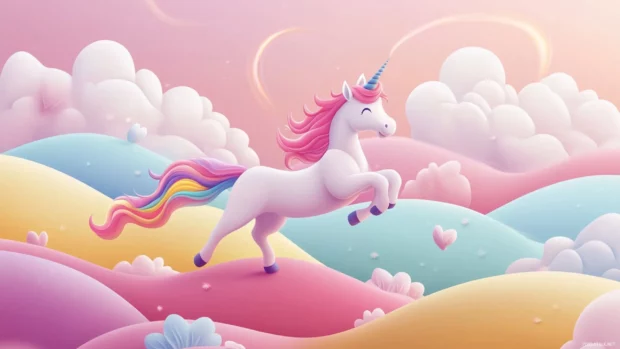 Painted style unicorn prancing across candy colored hills with rainbow trails following.
