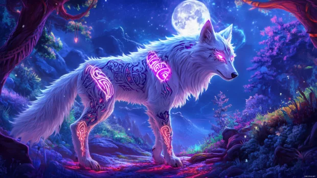 Painted wolf with tribal tattoos and glowing runes standing in moonlight.