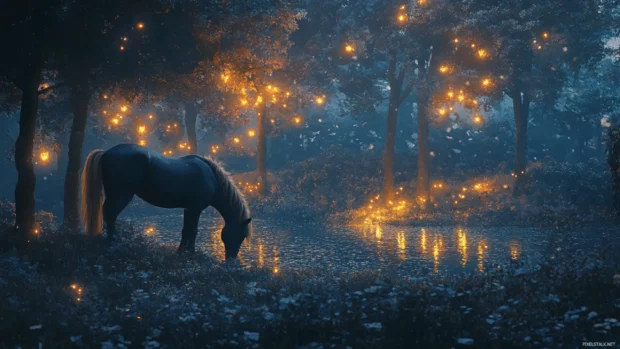 Painterly style unicorn grazing in a magical glade lit with floating lights.