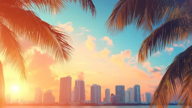 Palm trees and high rise buildings, tropical skyline, soft blue and orange sky.
