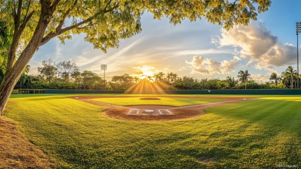 Panoramic view of a baseball field at sunset, golden hues casting long shadows over the diamond .