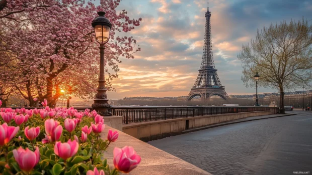 Paris in spring, bursting with vibrant flowers around its iconic monuments.