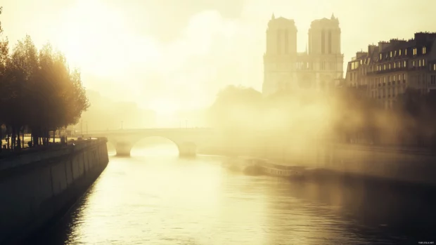 Paris in the morning, with gentle sunlight shining on the Seine and Notre Dame.