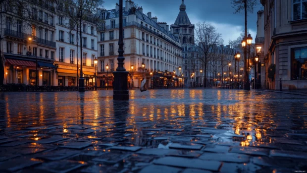 Paris on a rainy evening, with street lights and buildings reflecting in wet cobblestones.