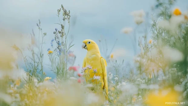 Parrot bird wallpaper displaying a yellow parrot in a field of wildflowers with soft morning light.