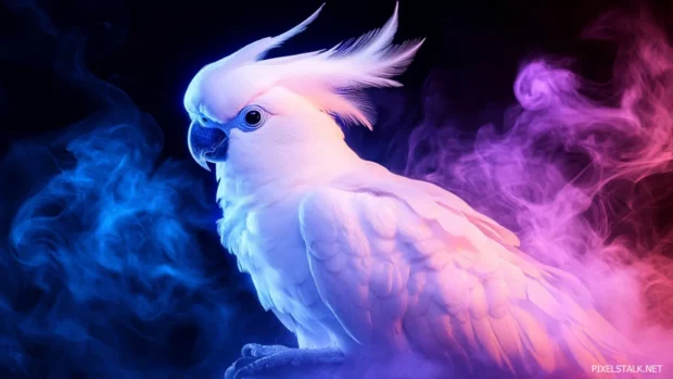 Parrot desktop wallpaper with a cyberpunk style parrot glowing in neon lights and futuristic smoke.