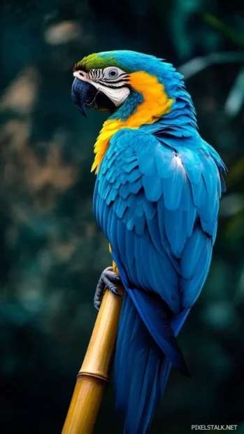 Parrot iPhone wallpaper with a vertical capture of a blue parrot perched on a bamboo stem.