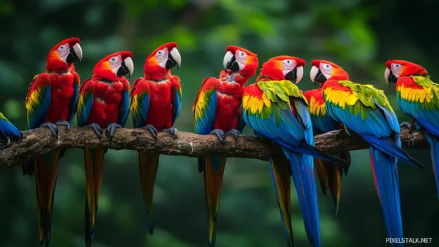 Parrot wallpaper HD capturing a group of macaws gathered on a tree branch.