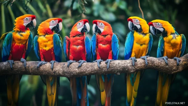 Parrot wallpaper HD capturing a group of macaws gathered on a tree branch, vibrant feathers overlapping in harmony.