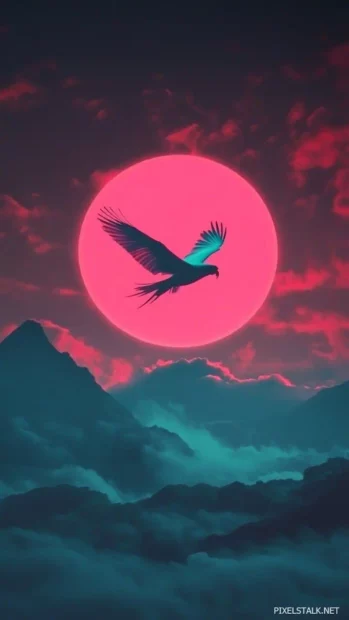 Parrot wallpaper for iPhone, showing a neon inspired parrot silhouette flying over glowing mountains.