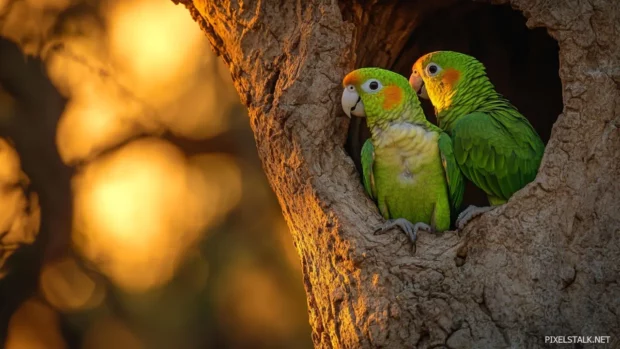 Parrot wallpaper showing a pair of green parrots nesting in a hollow tree under golden evening light.