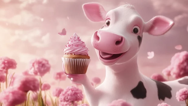 Pastel Pink Cow scenery showing a happy cow holding a cupcake.