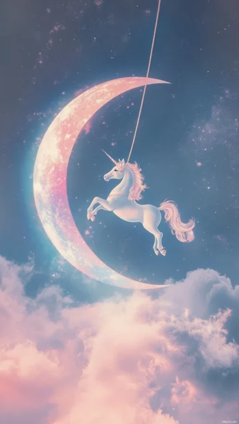 Pastel Unicorn Wallpaper with unicorn swinging from a rainbow crescent moon.