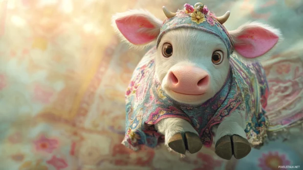 Pastel background with Pink Cow on a magic carpet ride.