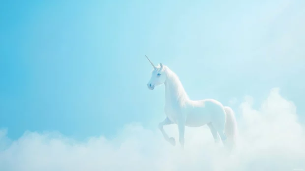 Pastel blue background framing a delicate unicorn in this Simple unicorn wallpaper aesthetic.