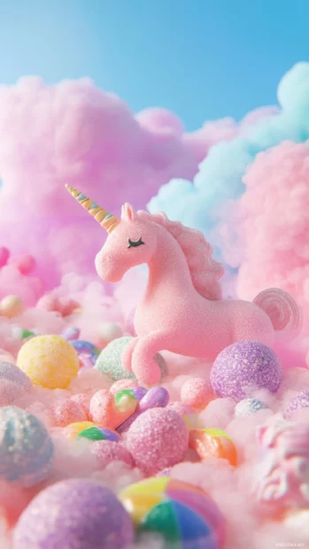 Pastel clouds and rainbow candy with unicorn in this Pink kawaii unicorn image.