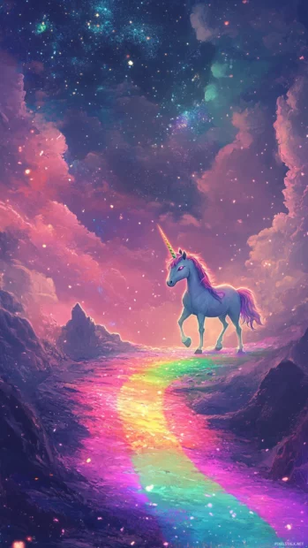 Pastel dreamscape with a rainbow path leading to a glowing unicorn in vertical view.