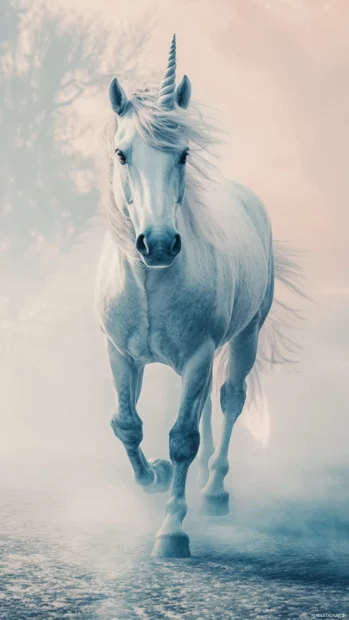 Pastel fog surrounds a unicorn walking gracefully in slow motion.