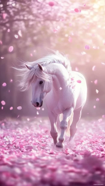 Pastel glitter rain falling as a unicorn walks through petals.
