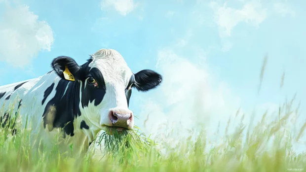 Pastel illustration of cow chewing grass in open field.