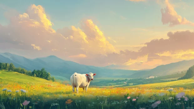 Pastel landscape with a dreamy cow and soft hills.