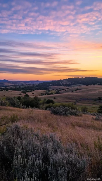 Pastel light fills the sky above rolling dunes at sunrise.