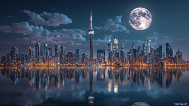 Pastel moonlight shining on the Nighttime City skyline.