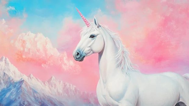 Pastel mountains behind a hand painted unicorn in this Hand painted unicorn background.