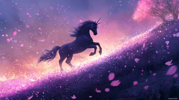 Pastel petals swirl around a Unicorn standing on a glowing hill.