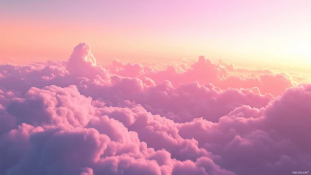 Pastel pink sky, dawn clouds drift, softly lit by day start.