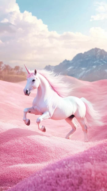 Pastel rainbow unicorn wallpaper showing a unicorn prancing over pink hills.