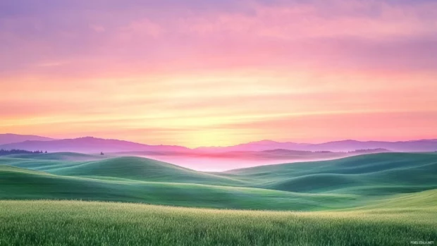 Pastel skies and dewy hills captured in a Sunrise Wallpaper for Macbook.