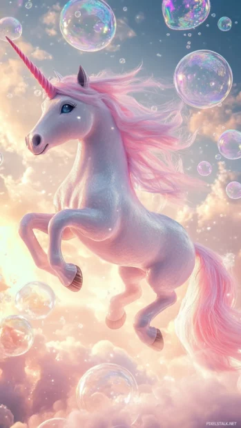 Pastel skies light up as Cute Unicorn flies through magical bubbles.