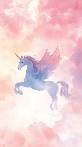 Pastel sky and unicorn with wings floating in this Watercolor fantasy unicorn wallpaper.