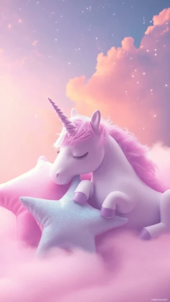 Pastel sky glows as a unicorn naps on a star shaped pillow, ideal for a cute unicorn wallpaper background.