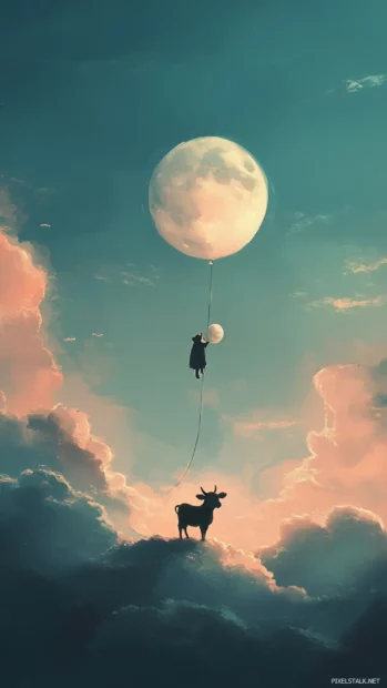 Pastel sky with a floating Cute Cow holding a moon balloon.