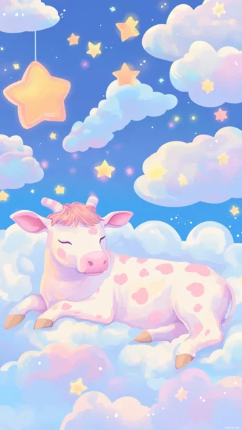 Pastel stars falling over a Strawberry Cow lying on marshmallow clouds.