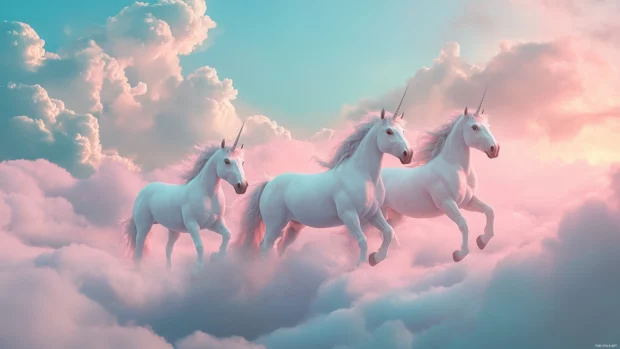 Pastel unicorn dreamland background where unicorns drift in cotton clouds.