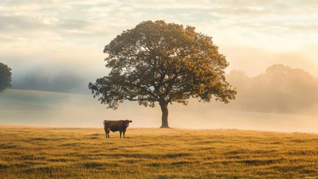 Pastoral cow scenery wallpaper showing a lone cow under a tree with mist in the background.