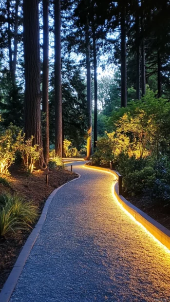 Pathway glowing under filtered forest Light.