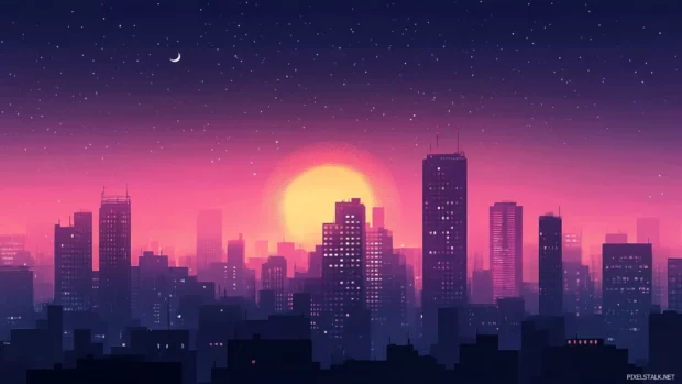 Peaceful City Night with distant horizon lights.