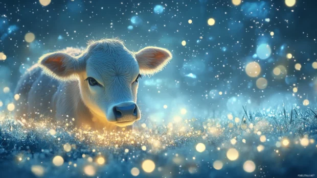 Peaceful Kawaii Cow beside a stream of sparkles and stars.